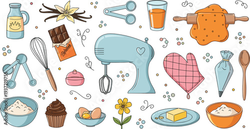 Baking and pastry doodle collection with mixer, whisk, flour, cupcake, chocolate, dough, eggs, and kitchen tools vector illustration set