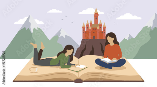 Women reading fantasy books, with castle and mountains in background