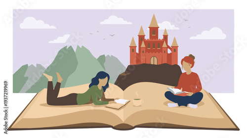 Two women reading books on giant book with fantasy castle and mountains