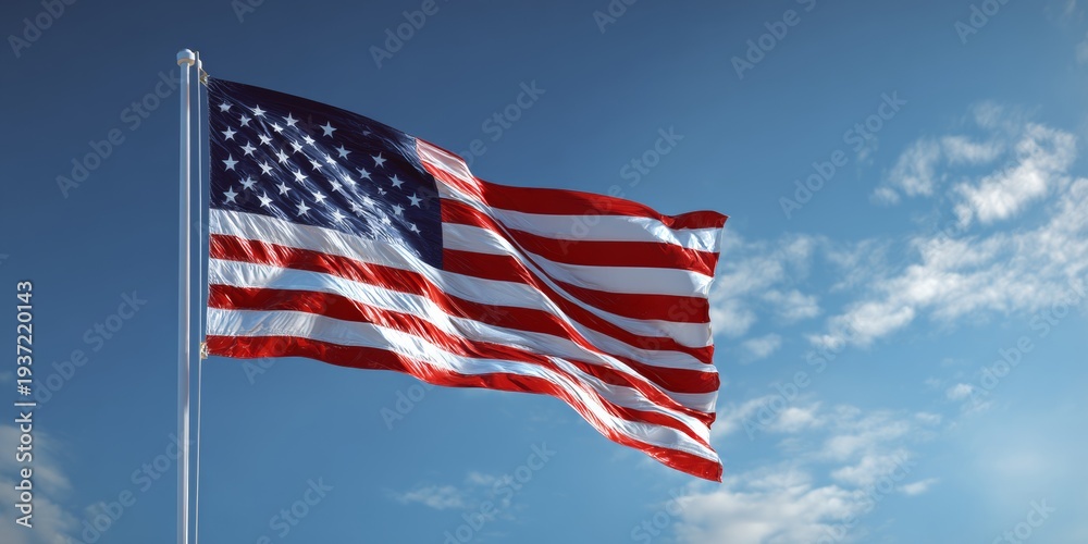 Obraz premium The flag of the United States against a blue sky.