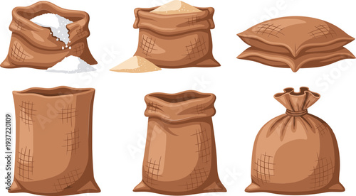 Burlap sack bag collection with flour, grain, and agricultural storage sacks rustic farm vector illustration set