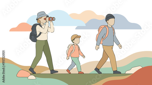 Illustration of a family on a hiking trip, outdoor recreation and adventure
