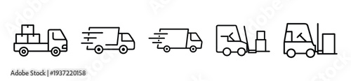 Various delivery trucks and forklifts in motion for logistics and transportation