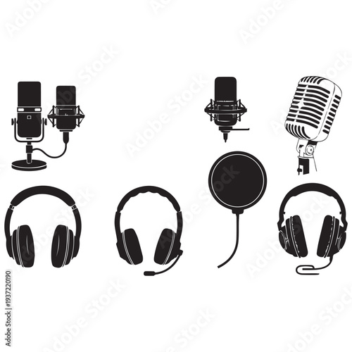 Set of black icons representing audio and live streaming on white