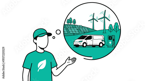 Man thinking about renewable energy, electric van, and green environment