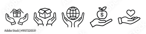 Hands holding gift box, package, globe, dollar apple, and heart icons