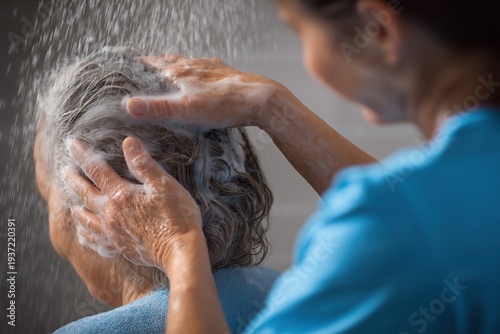 Nurse Gently Washing an Elderly Woman's Hair