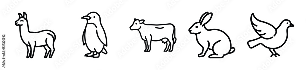 Fototapeta premium Set of simple animal line drawings including llama, penguin, cow, rabbit, and bird