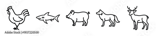 Simple line drawings of various farm and wild animals