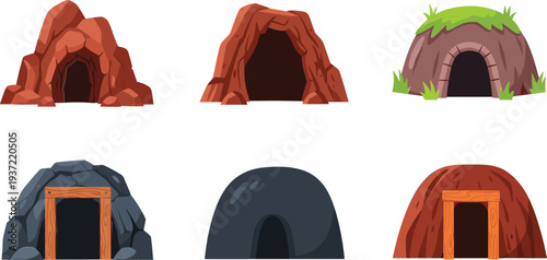 Cartoon cave entrance collection with stone caverns, mine tunnels, rock openings, and underground shelter vector illustration set