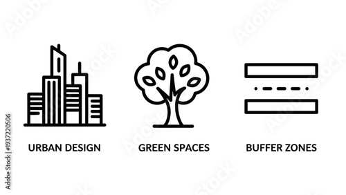 Urban planning and landscape design icons featuring city skyline green spaces tree and buffer zones map symbols