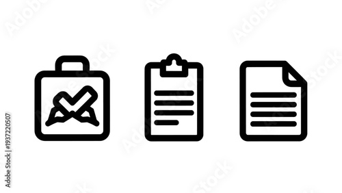 Office and business documentation line icons featuring briefcase clipboard and file paper symbols