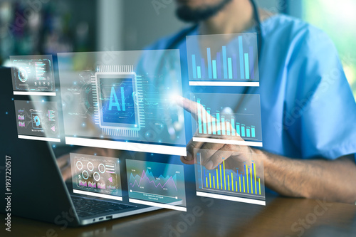 Doctor Using AI Technology and Medical Data Analysis Dashboard for Smart Healthcare Innovation