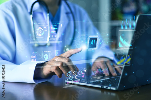 Doctor Working with AI Data Analytics Interface on Laptop for Digital Healthcare System