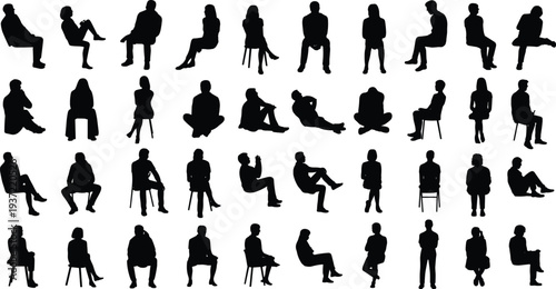 Large collection of diverse seated people silhouettes, men and women in various sitting, waiting, and resting postures for architectural