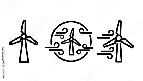 Renewable Energy Wind Turbine Icons Set Illustrating Sustainable Power Generation and Clean Technology