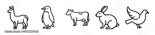 Set of simple animal line drawings including llama, penguin, cow, rabbit, and bird