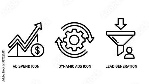 Digital Marketing Icons for Ad Spend Tracking, Dynamic Advertising, and Sales Lead Generation Funnel