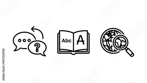 Language Translation and Global Communication Icons Including Dictionary and International Search Concepts