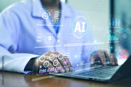 Doctor Using Digital AI Interface for Medical Data and Patient Health Monitoring