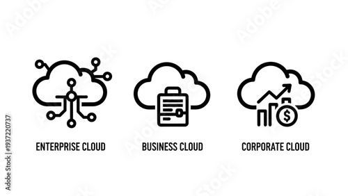 Enterprise, Business, and Corporate Cloud Computing Line Icons Set for Data Management, Digital Storage, and Network Infrastructure Solutions.