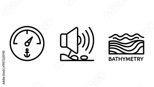 Wallpaper Mural Nautical and Oceanography Icons: Depth Gauge, Sonar Sounder, and Bathymetry for Marine Exploration and Navigation Systems Torontodigital.ca