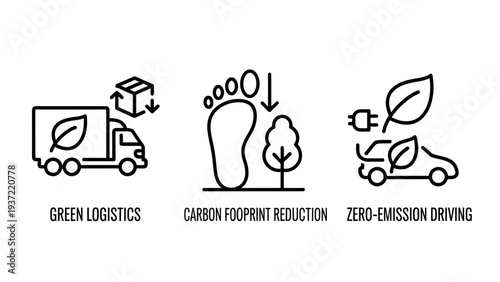 Eco-Friendly Logistics and Sustainable Transport Line Icons: Carbon Footprint Reduction, Green Delivery, and Zero-Emission Driving Solutions