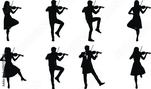 Male and female violin player silhouettes in various dynamic poses for music, performance, and orchestra concepts vector illustration