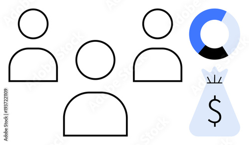 Three minimalistic human figures, a segmented pie chart, and a money bag symbol. Ideal for teamwork, financial planning, income distribution, data analysis, decision making, resource allocation