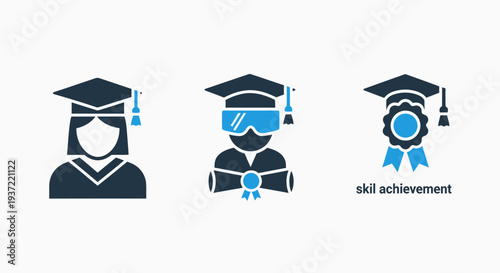 Graduation and Academic Achievement Icons: Female Graduate, VR Enhanced Learning, and Skill Recognition for Future Education