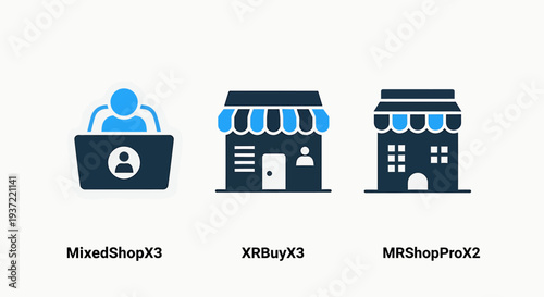 E-commerce and Retail Business Icons: Online Shopping, Physical Storefronts, and Mixed Reality Shopping Experiences