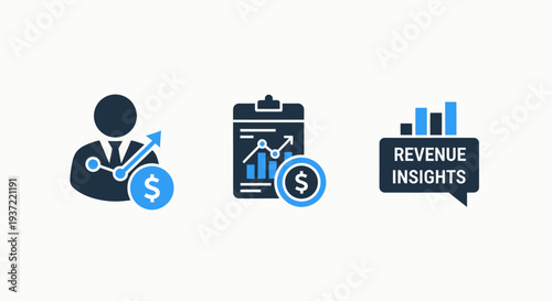 Revenue Growth, Financial Insights, and Business Analytics Icons - Flat Vector Design for Profitability and Economic Performance Strategies