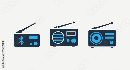 Retro Radio Receiver Icons with Bluetooth Connectivity for Music Streaming and Vintage Broadcast Entertainment