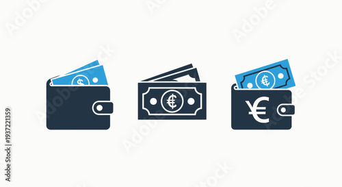 Global Currency and Wallet Icons Set for International Finance, Money Exchange, and Digital Banking