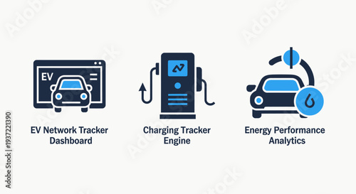 Electric Vehicle (EV) Network, Charging Tracker, and Energy Performance Analytics Icons for Automotive Technology
