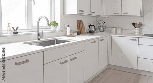 Modern kitchen interior with white cabinets and stainless steel sink.