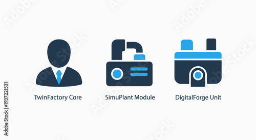 Advanced Industry and Manufacturing Icons: Twin Factory Core, SimuPlant Module, and Digital Forge Unit, Showcasing Smart Production and Digital Twin Concepts in Blue and Dark Grey