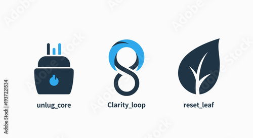 Abstract Conceptual Icons Featuring Unplug Core, Clarity Loop, and Reset Leaf, Representing Power Management, Continuous Processes, and Environmental Sustainability