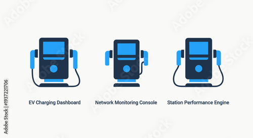 Electric Vehicle EV Charging Station Management Icons for Dashboard Monitoring Console and Station Performance