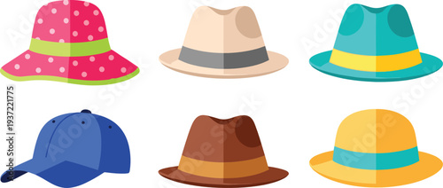 Colorful hat collection with bucket hat, fedora, baseball cap, and stylish fashion headwear accessories vector illustration set