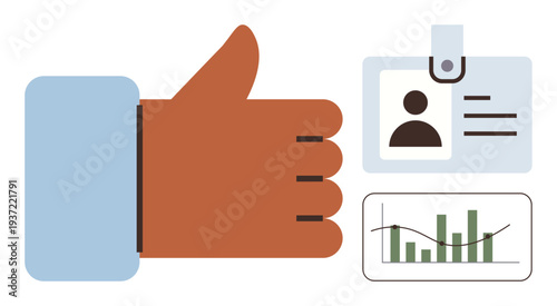 Business decisions, identity authentication, feedback, analytics, performance evaluation, approval concept. Thumbs-up hand beside ID badge and bar graph. Approval and identity authentication