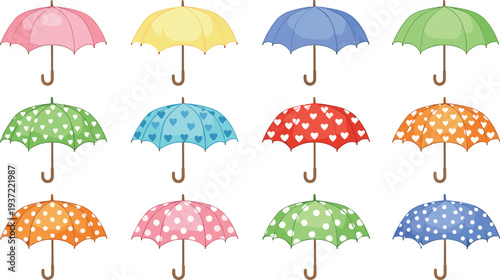 Colorful umbrella collection with heart and polka dot patterns rain protection accessory vector illustration set