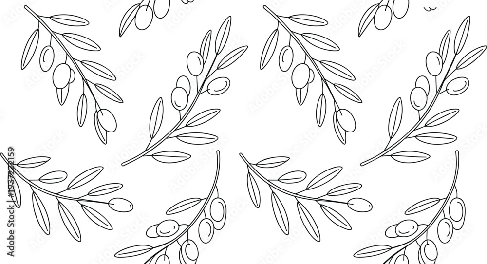 Fototapeta premium Black and white olive branch pattern hand drawn botanical outline elements seamless background floral wallpaper.