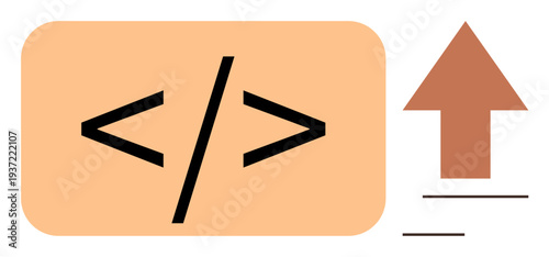 Software development, web coding, data upload, programming interfaces, digital trends, tech processes. Code symbol and upward arrow on contrasting background. Software development and web coding