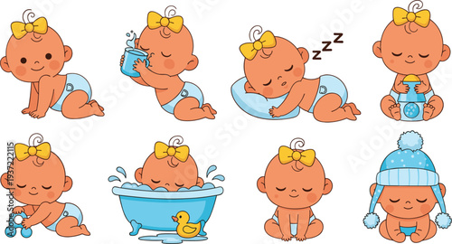 Cute baby girl cartoon character set with crawling, sleeping, drinking milk, bathing, and playing poses adorable vector illustration