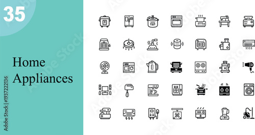 Modern home appliances set flat design vector illustration isolated on teal background kitchen gadgets