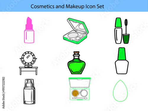 Beauty and Makeup Vector Icon Set Lipstick, Mascara, Perfume, Nail Polish Cosmetic Collection 