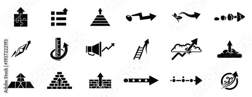 Business Growth, Progress Strategy, Startup Success, Financial Increase and Development Direction Solid Glyph Icon Set with Arrows, Ladder, Rocket, Pyramid, Target and Analytics Symbols