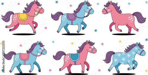 Cute Cartoon Horse and Pony Character Set with Colorful Saddle Star Patterns and Running Farm Animal Vector Illustration Collection