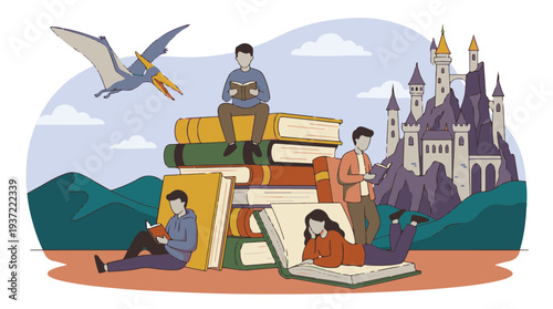 Readers exploring fantasy worlds through books with a castle and flying dinosaur